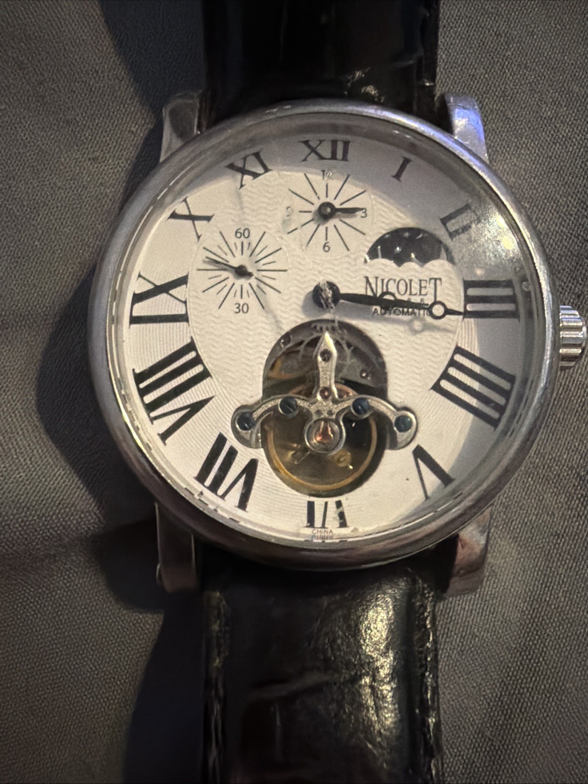 Nicolet 1886 Automatic Roman # Maybe Rarer & Works Small Scratch But Minimal