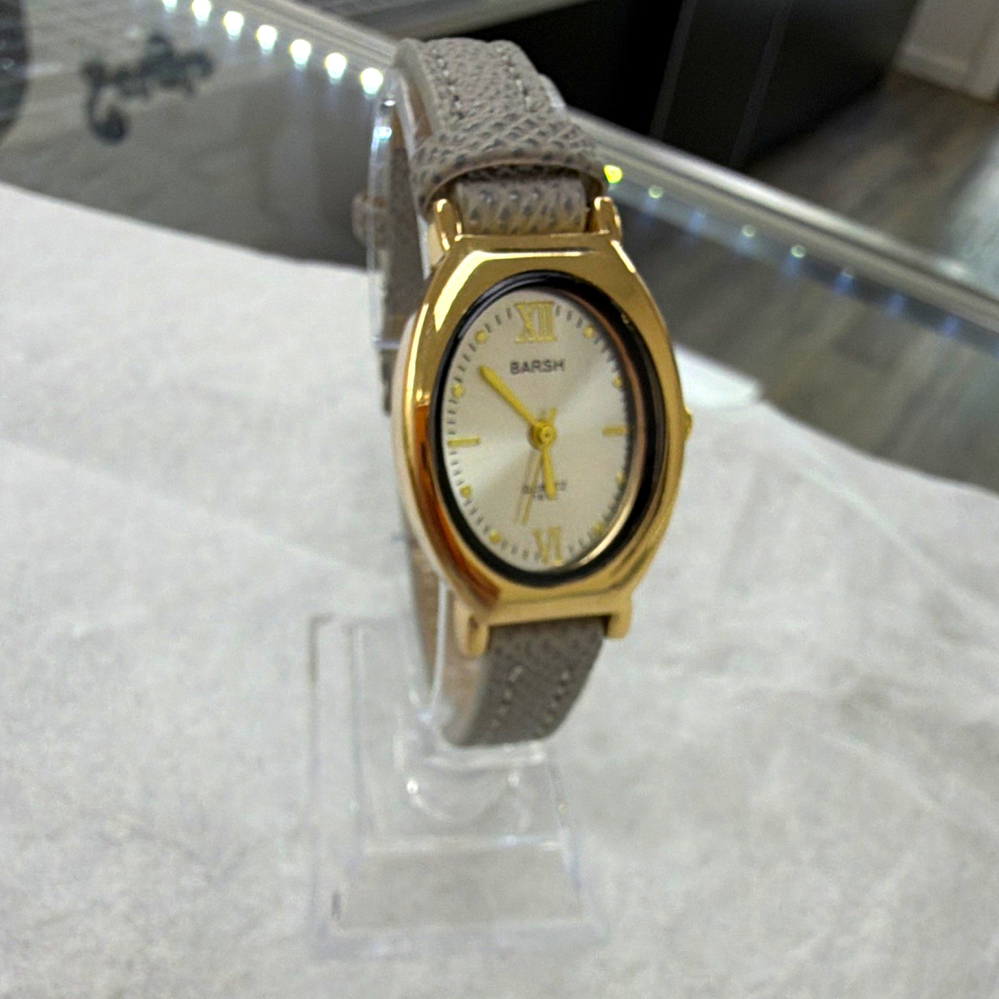 BARSH Women’s Quartz Analog Oval Dress Watch Gold Tone White Dial Gray Leather