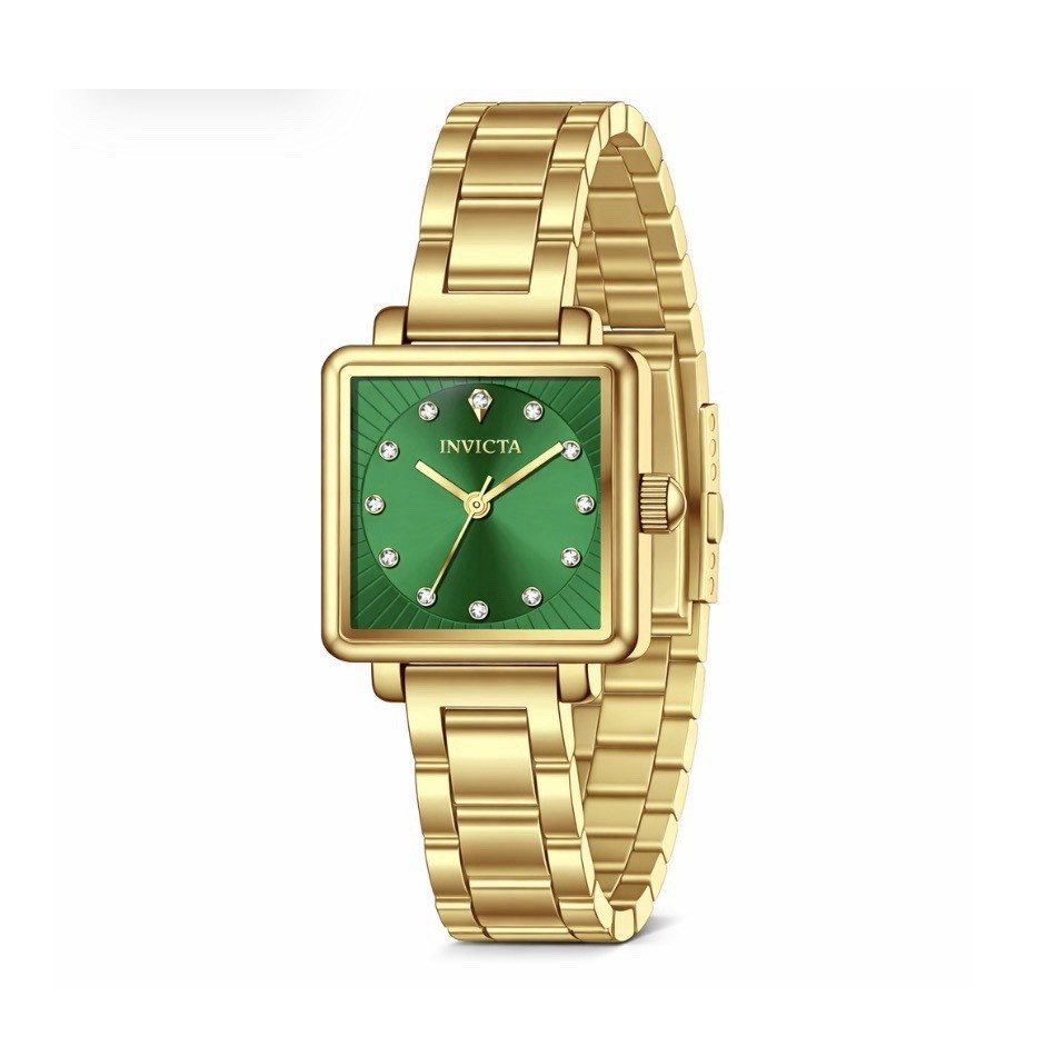 Invicta Women’s Gold Tone Square Watch Green Dial Gemstone Markers Bracelet