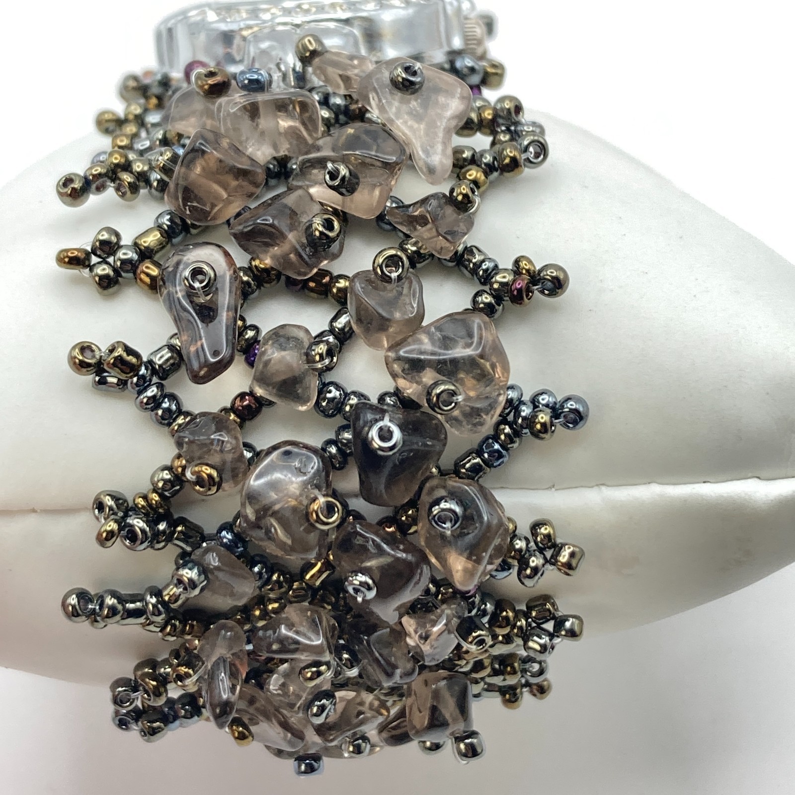 Artisan Womens Watch Beaded Gemstone Silver Tone Crystals New Battery 7.25″