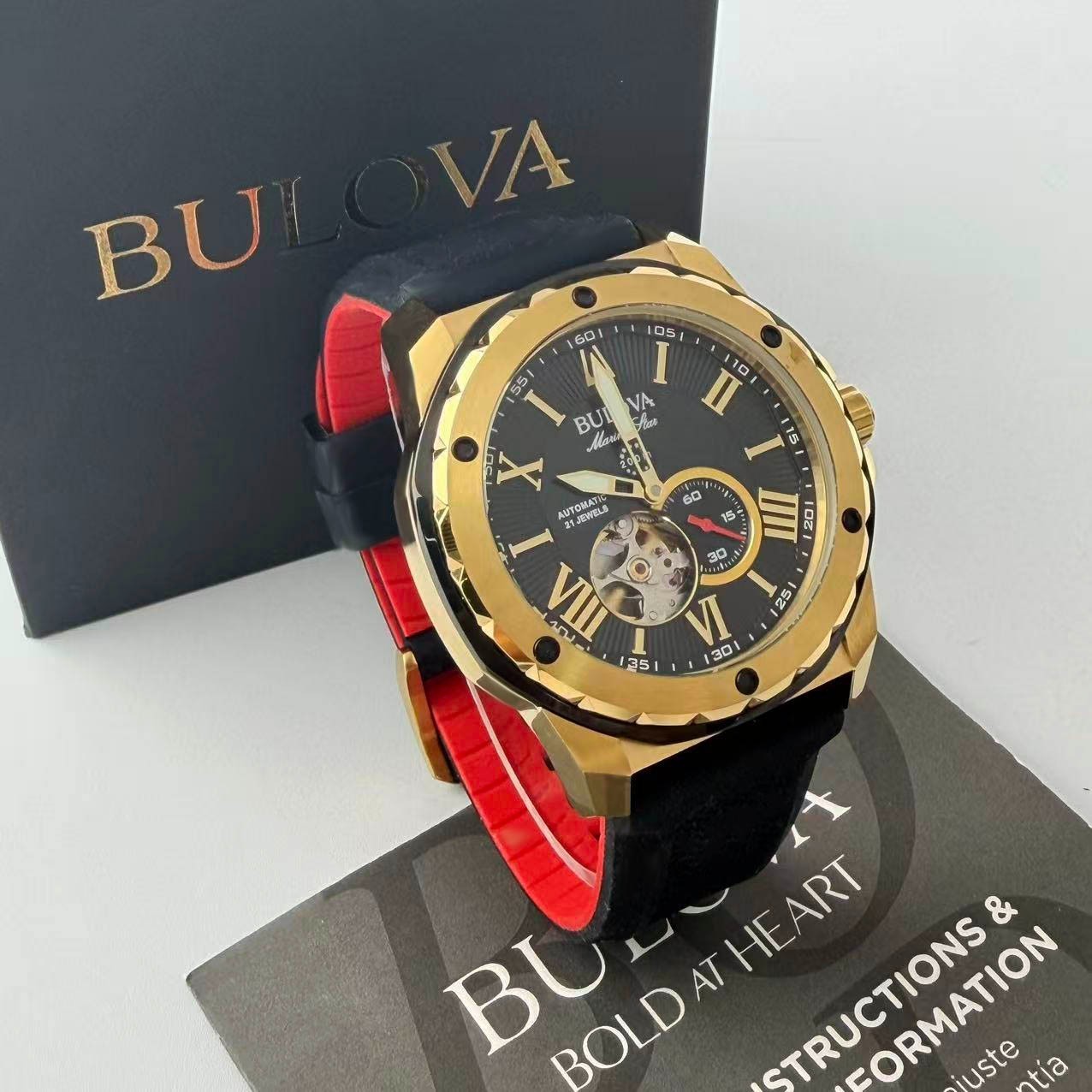 Bulova 98A272 Men’s Marine Star Automatic Watch Black Dial Silicone Strap 44.5mm