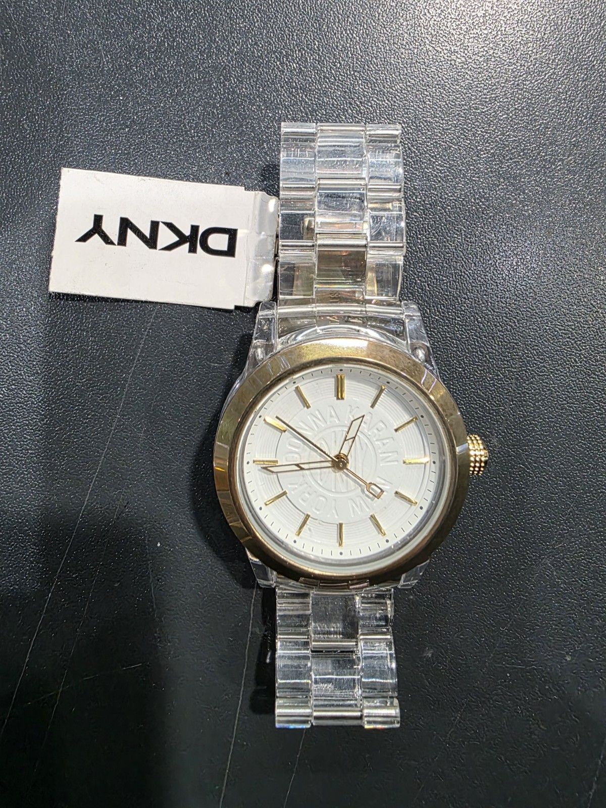 DKNY NY4850 Clear Plastic Resin Gold White Ladies Wrist Watch New
