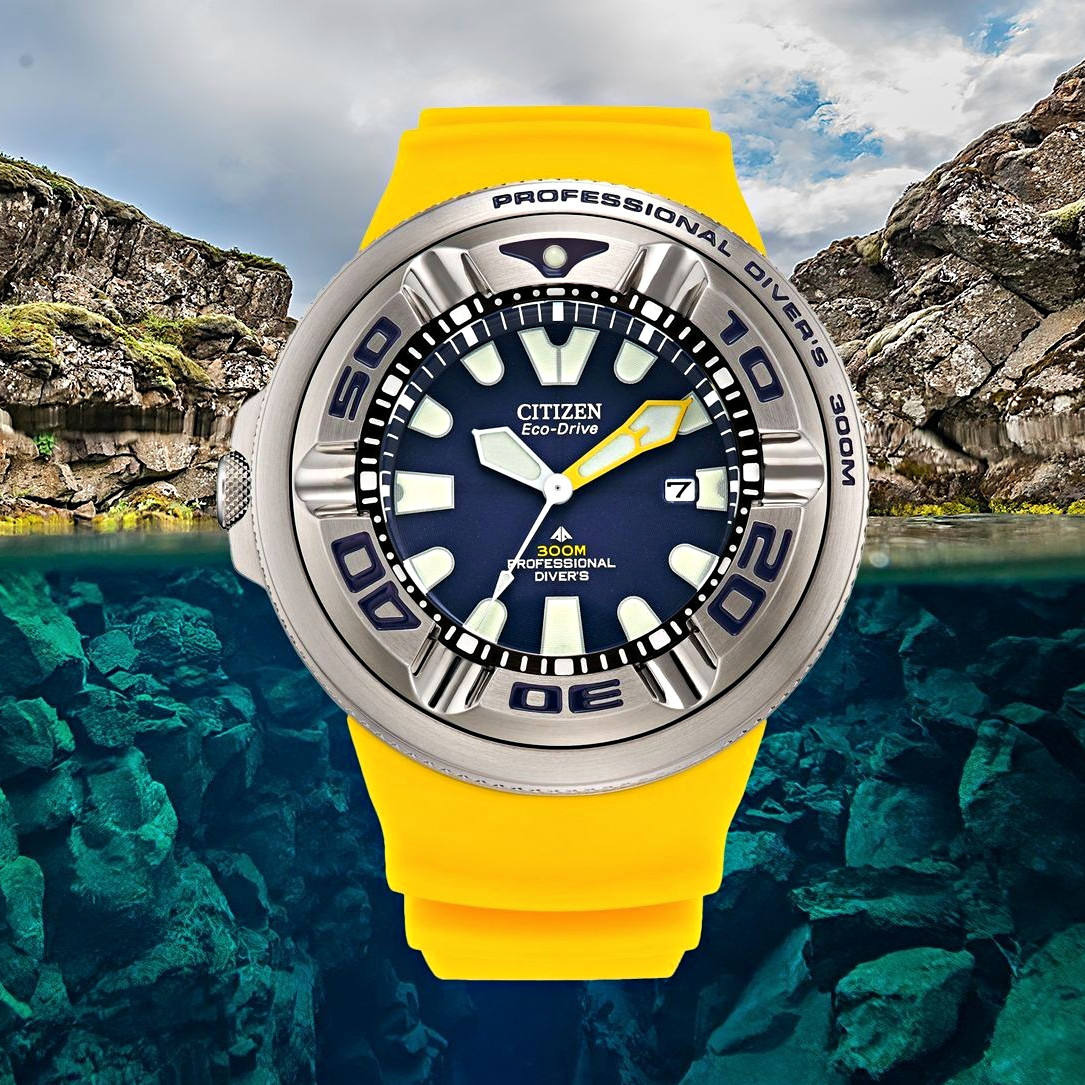 Citizen Eco-Drive 300m Pro Diver 47mm Blue Dial Yellow Rubber Strap Date