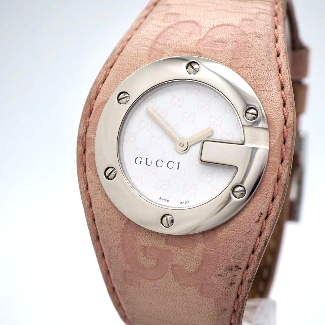 GUCCI G-Bandeau 104 Pink GG Leather Bangle Women’s Watch White Dial Quartz 31mm