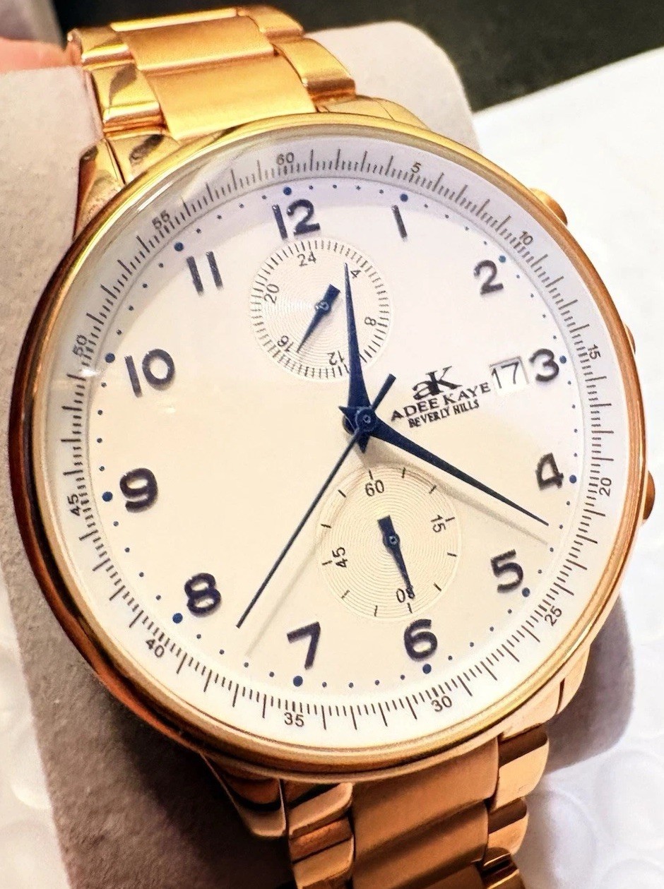 Adee Kaye Men’s Chronograph Watch White Dial W/ Blue Numerals/Hands + Date