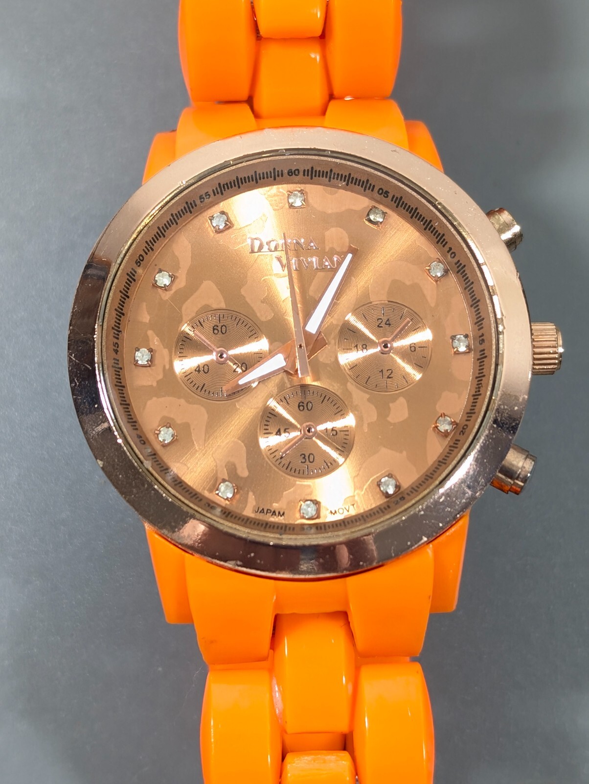 Donna Vivian Womens Orange Acrylic Panther Link Gold Tone Watch 8.5 in