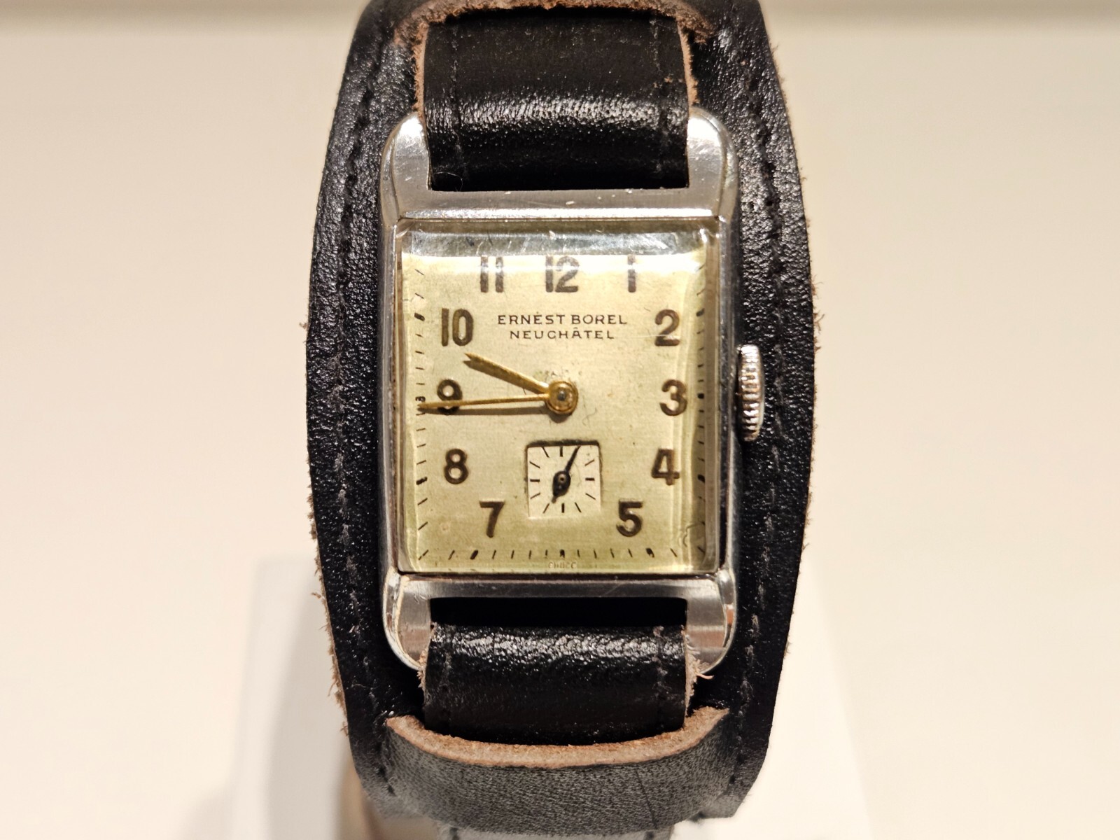 VINTAGE RARE WW2 ERA CHROMED RECTANGLE MEN’S SWISS WATCH “ERNEST BOREL” 15J.