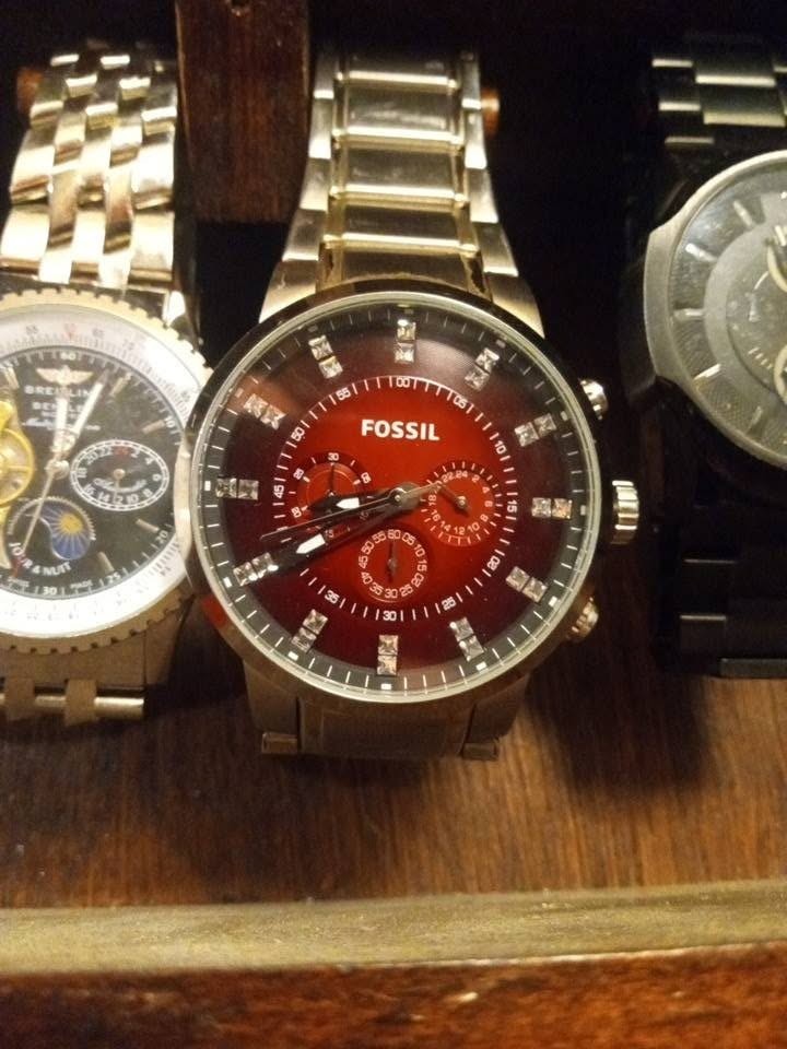 FOSSIL MEN’S FS4696 SILVER CHRONOGRAPH LARGE red DIAL WATCH 47mm Case diamond