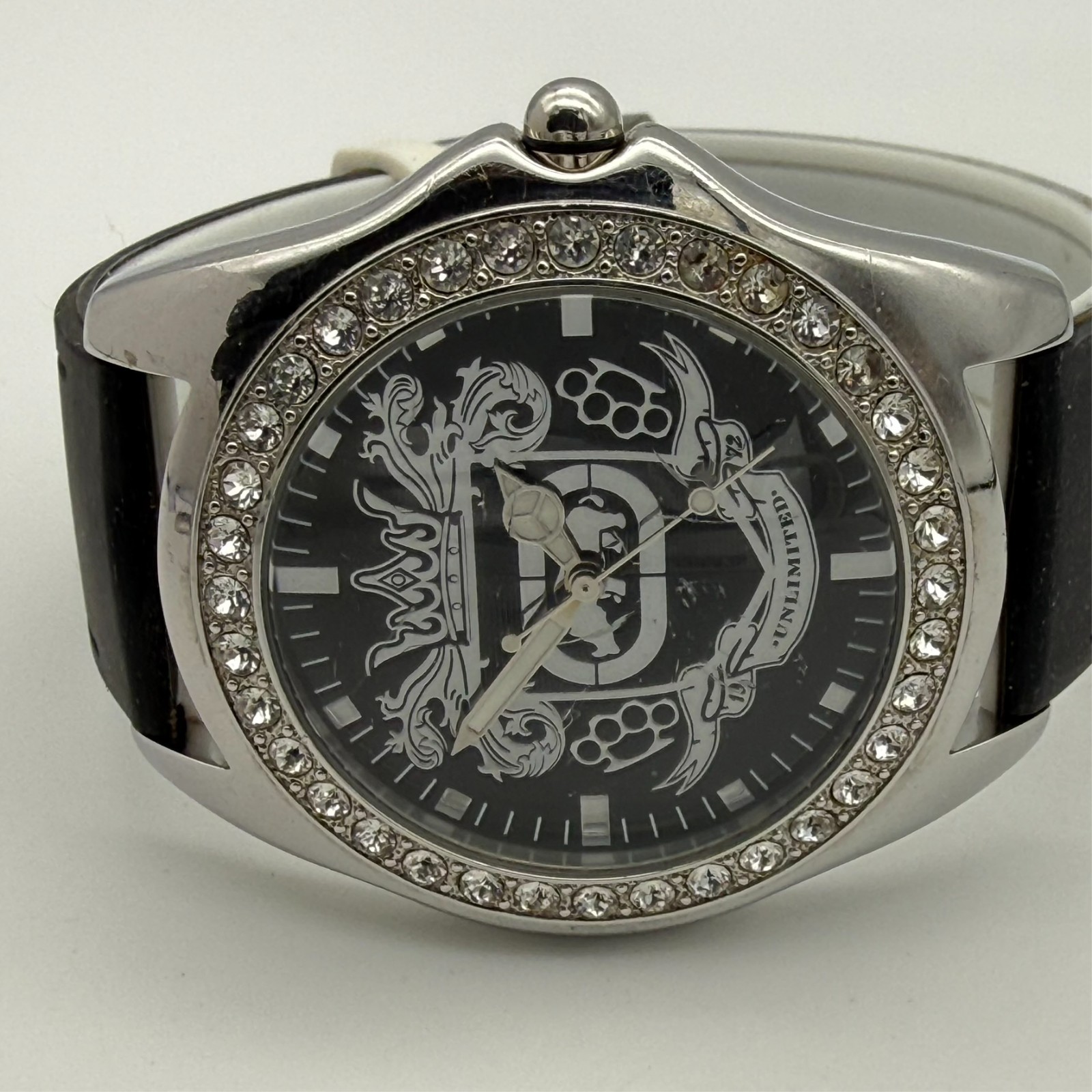 Men’s MARK ECKO Silver Tone Crystal Accent All Steel Watch, Black Silicone, 45mm