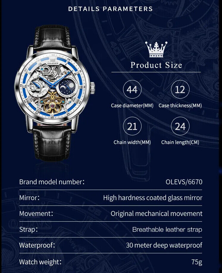 OLEVS Skeleton Self-Wind Automatic Mechanical Mens Watch Leather Band Moon Phase