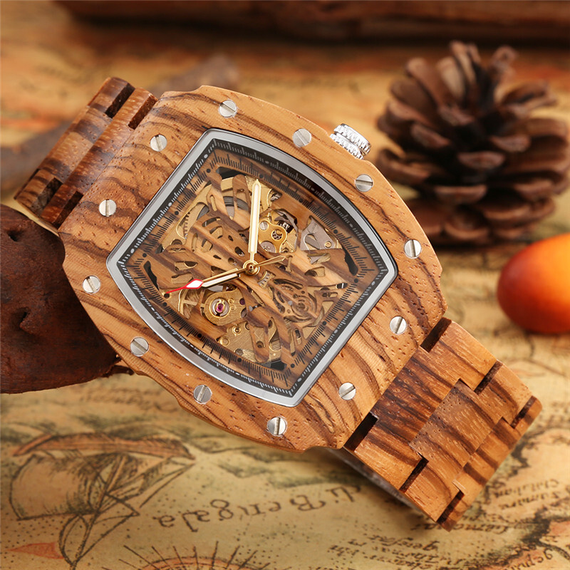 Handmade Men Watch Skeleton Automatic Mechanical Wooden Wristwatch Wood Bracelet