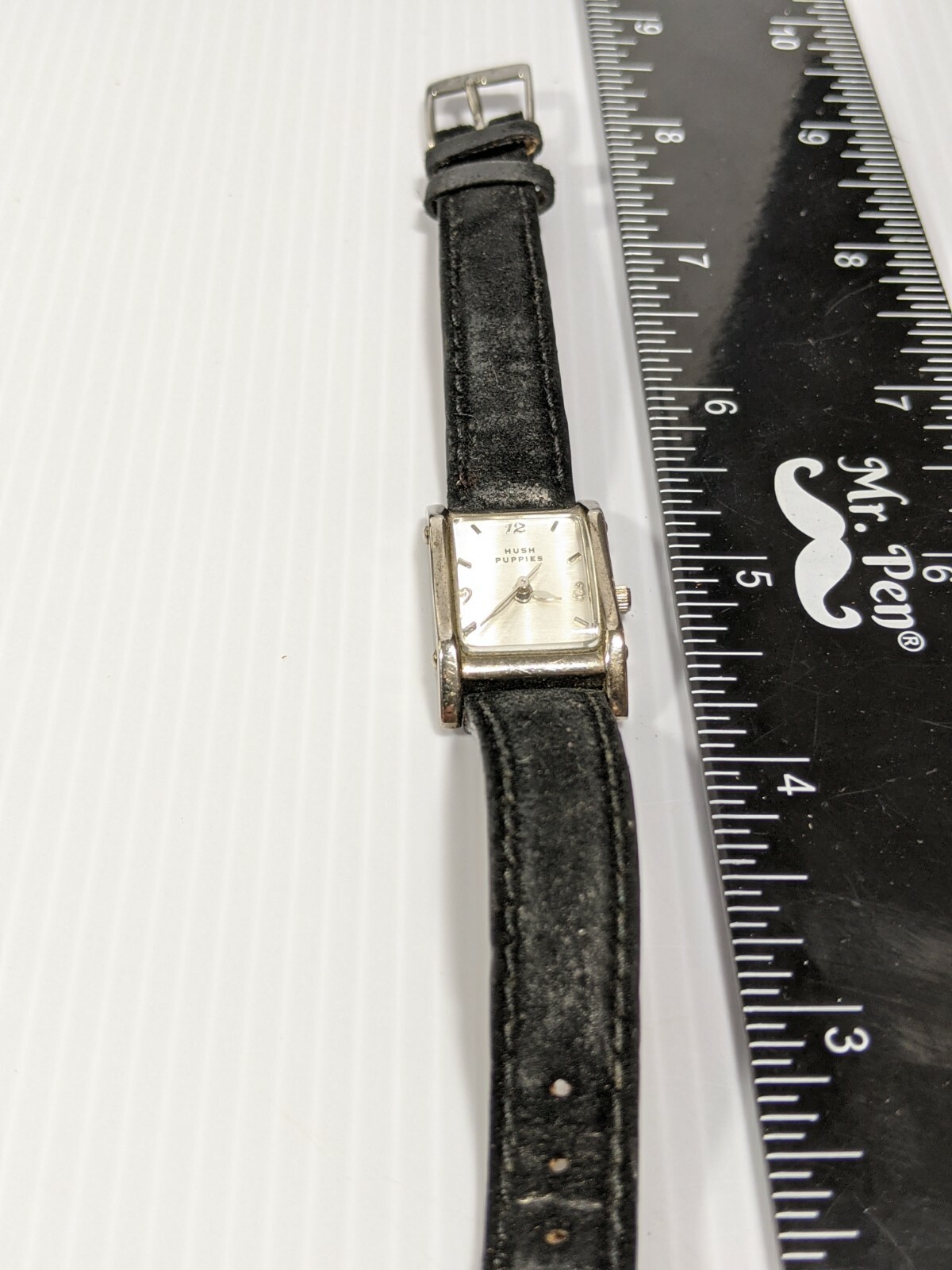Hush Puppies Silver Tone Rectangle Face Black Suede Leather Band Watch 8 Inch