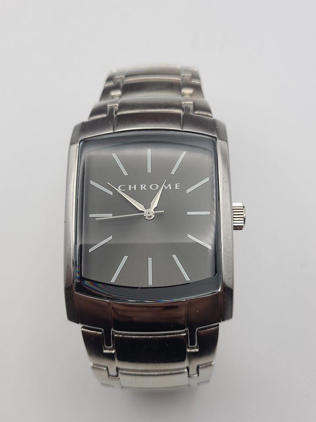 Chrome Men’s Watch Silver Tone Black Dial Stainless Steel New Battery Working