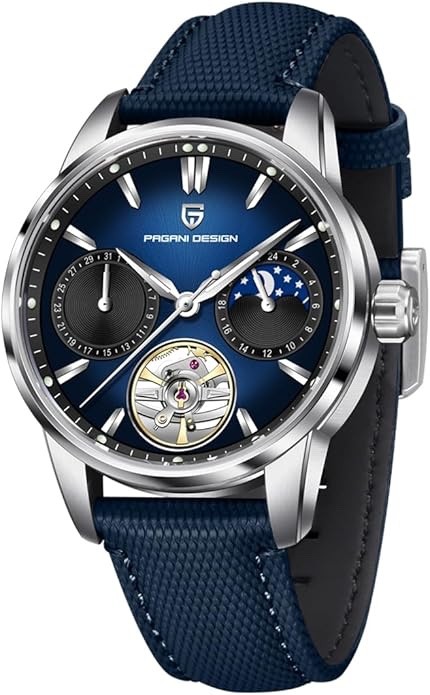 Men’s Automatic Watch Sapphire Crystal Moon Phase Stainless Steel Leather 100M