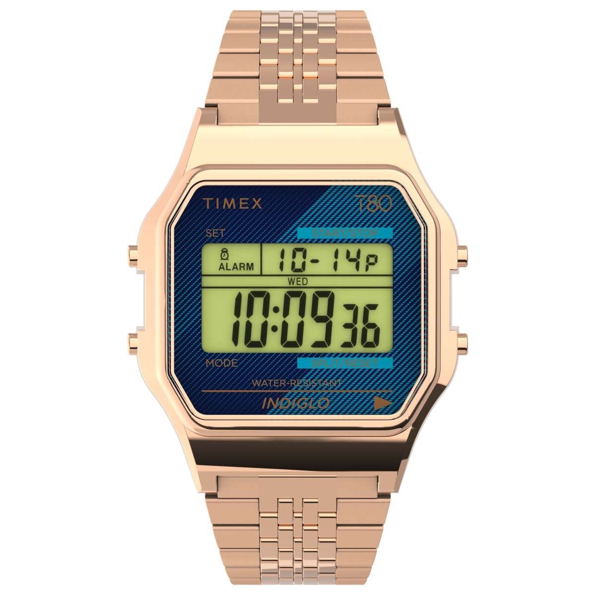 Timex T80 Rose Gold w/Blue Face 34mm Watch Stainless Steel Bracelet TW2V19600