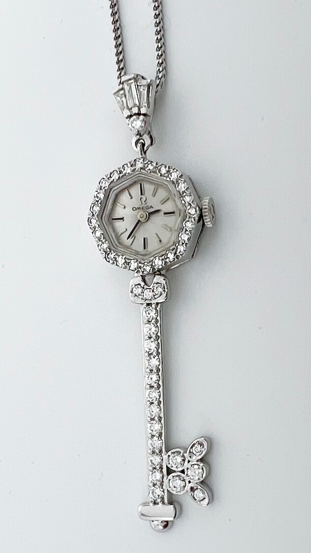 Vintage Omega Key Pendant Watch 14K & 18K WG – Diamonds  – Manual Wind Movement