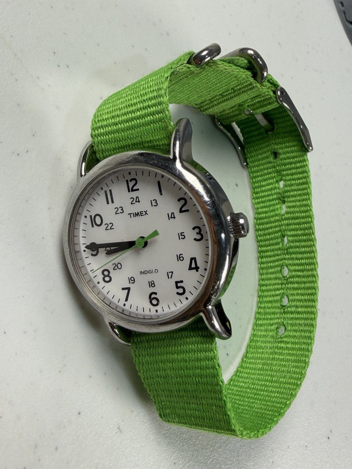 Timex Weekender 31mm Indiglo White Dial Green NATO Strap Quartz Watch Working