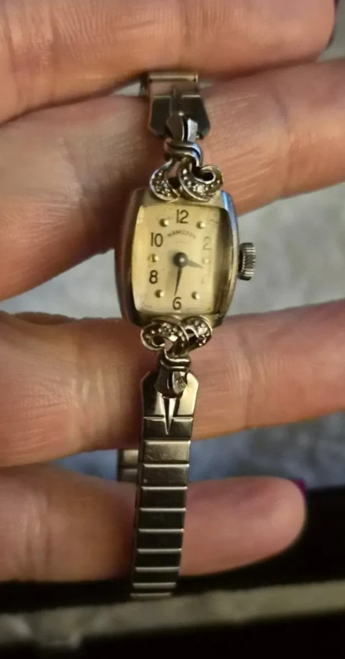 HAMILTON Windup Womens Watch 14K white Gold with diamonds flex band ~ WORKING