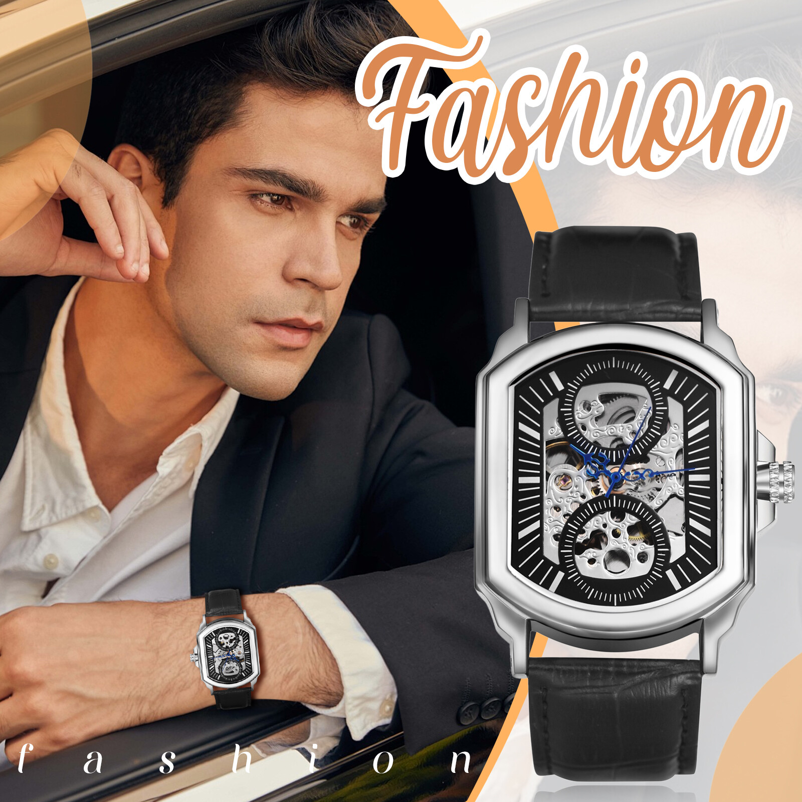 Business Men Square Hollow Automatic Mechanical Genuine Leather Band Wrist Watch