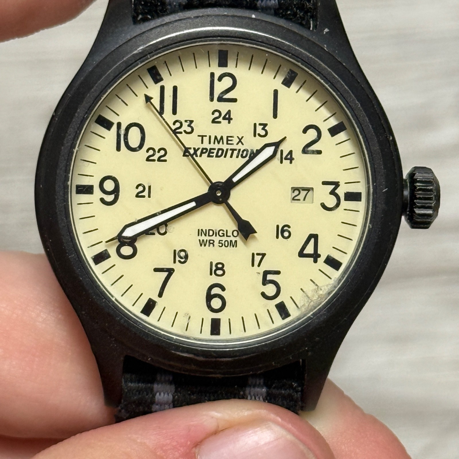 Timex Expedition Quartz Beige Dial Black Nylon Strap Indiglo Date WR 50m
