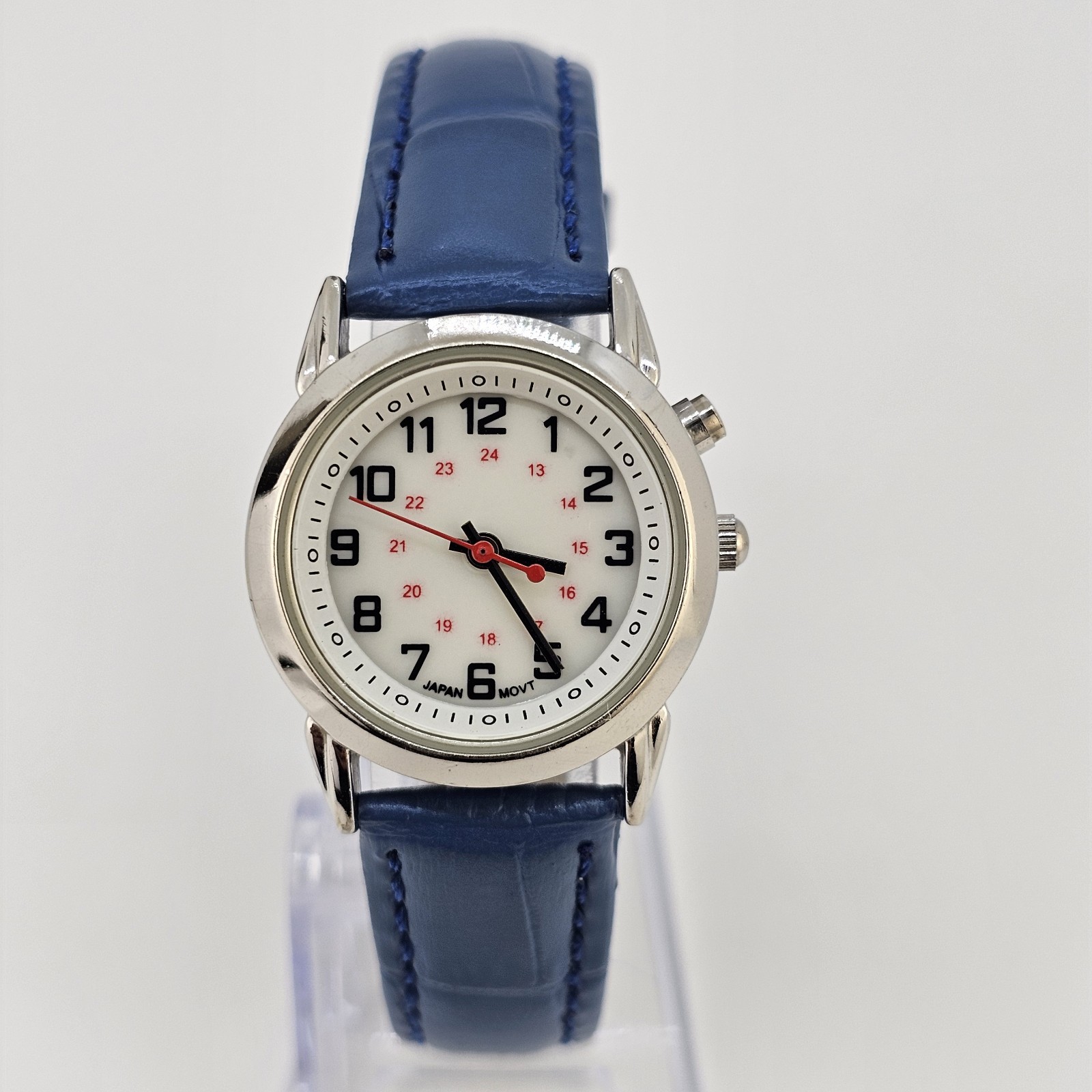 28MM Women Watch White Dial New Blue Leather Bands New Battery LIGHT NOT WORKING