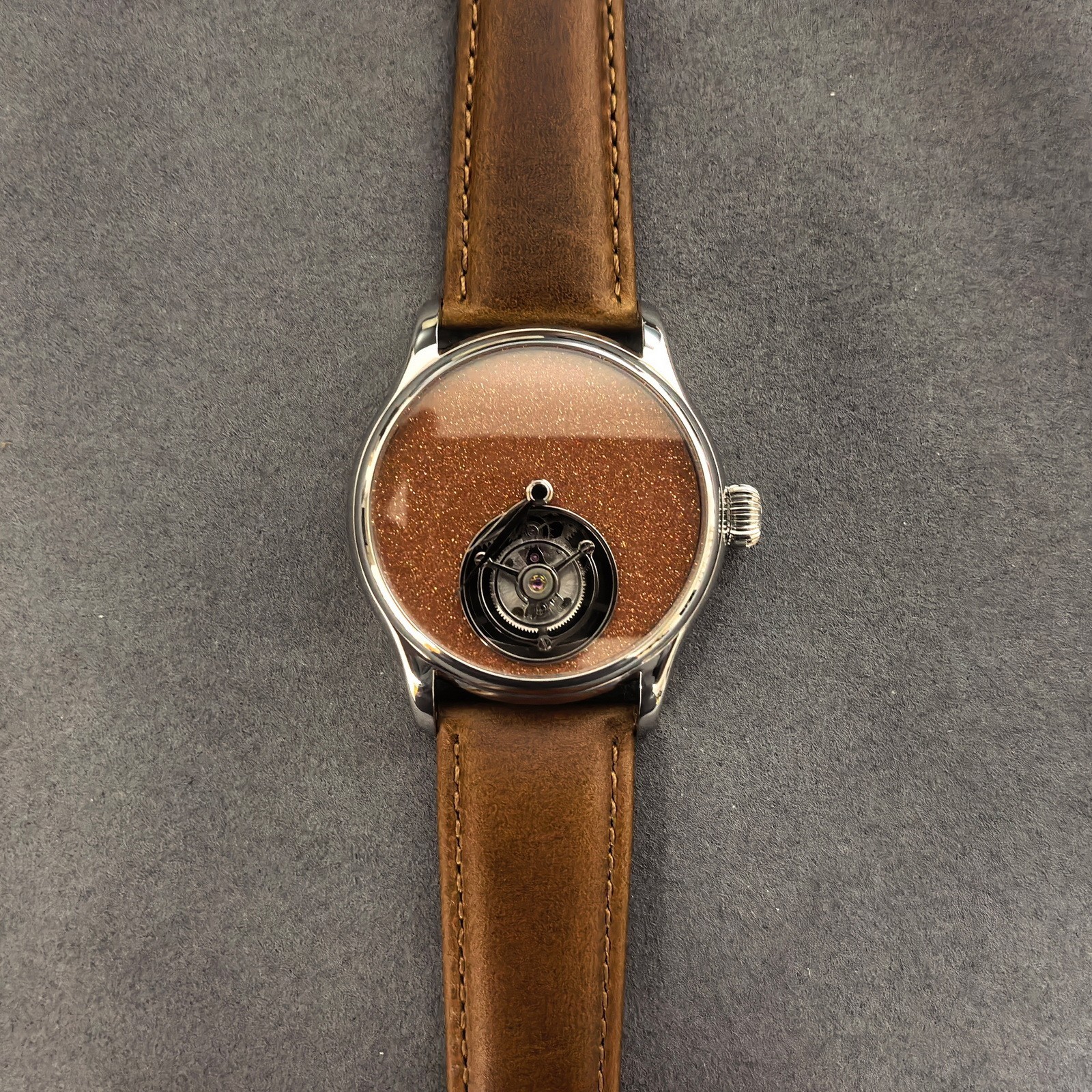 Merkur Men Tourbillon Watch Mechanical Wristwatch Sapphire Brown Sandind Dial