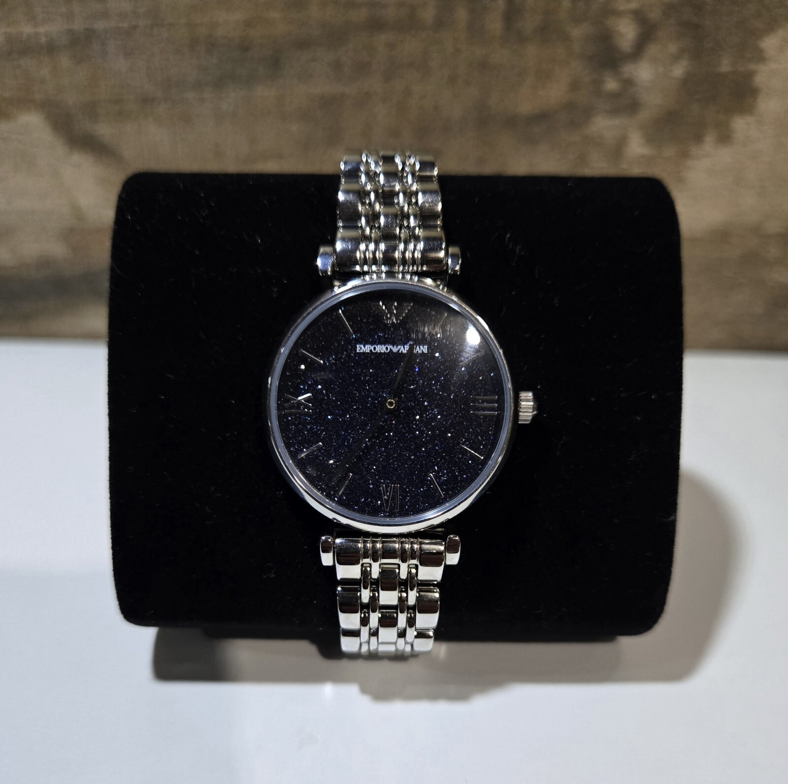 GENUINE EMPORIO ARMANI DARK BLUE DIAL WOMENS WATCH SILVER CRYSTALS NEW AR11091