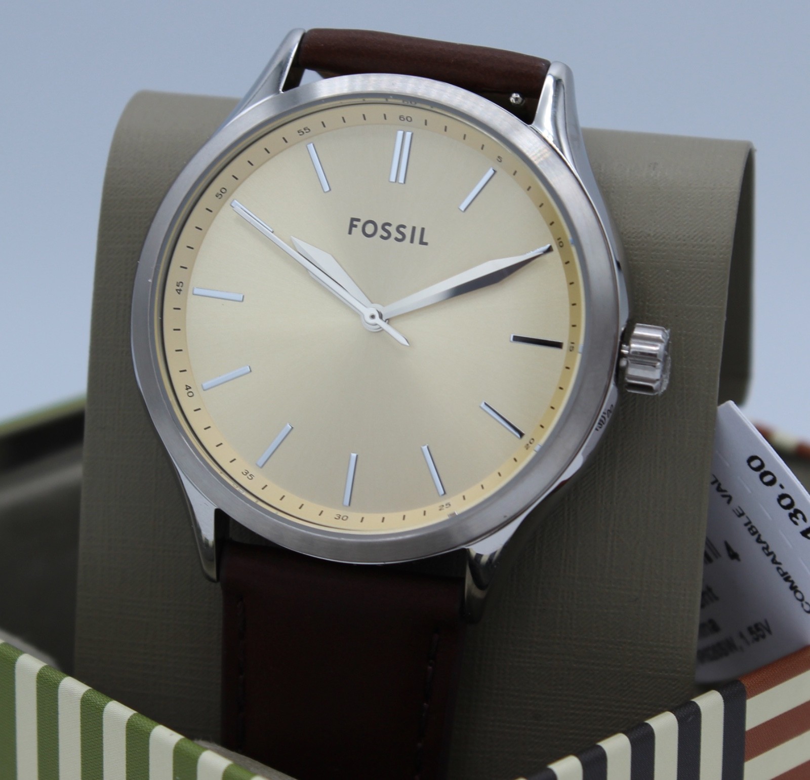 New Authentic Fossil Fenmore Midsize Slim Silver Cream Brown Men’s BQ2865 Watch