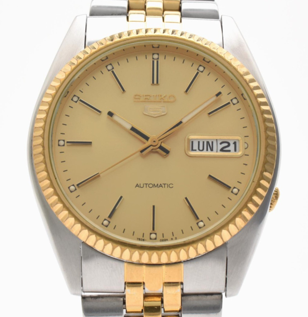 SEIKO 5 7S26-3110 Gold Dial Two Tone Day Date 36mm Automatic Men’s Watch JAPAN
