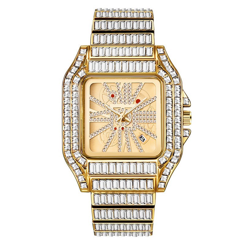 Hip Hop Luxury Ice out Cz Diamond Men Watch Iced Quartz King Bling Silver Square