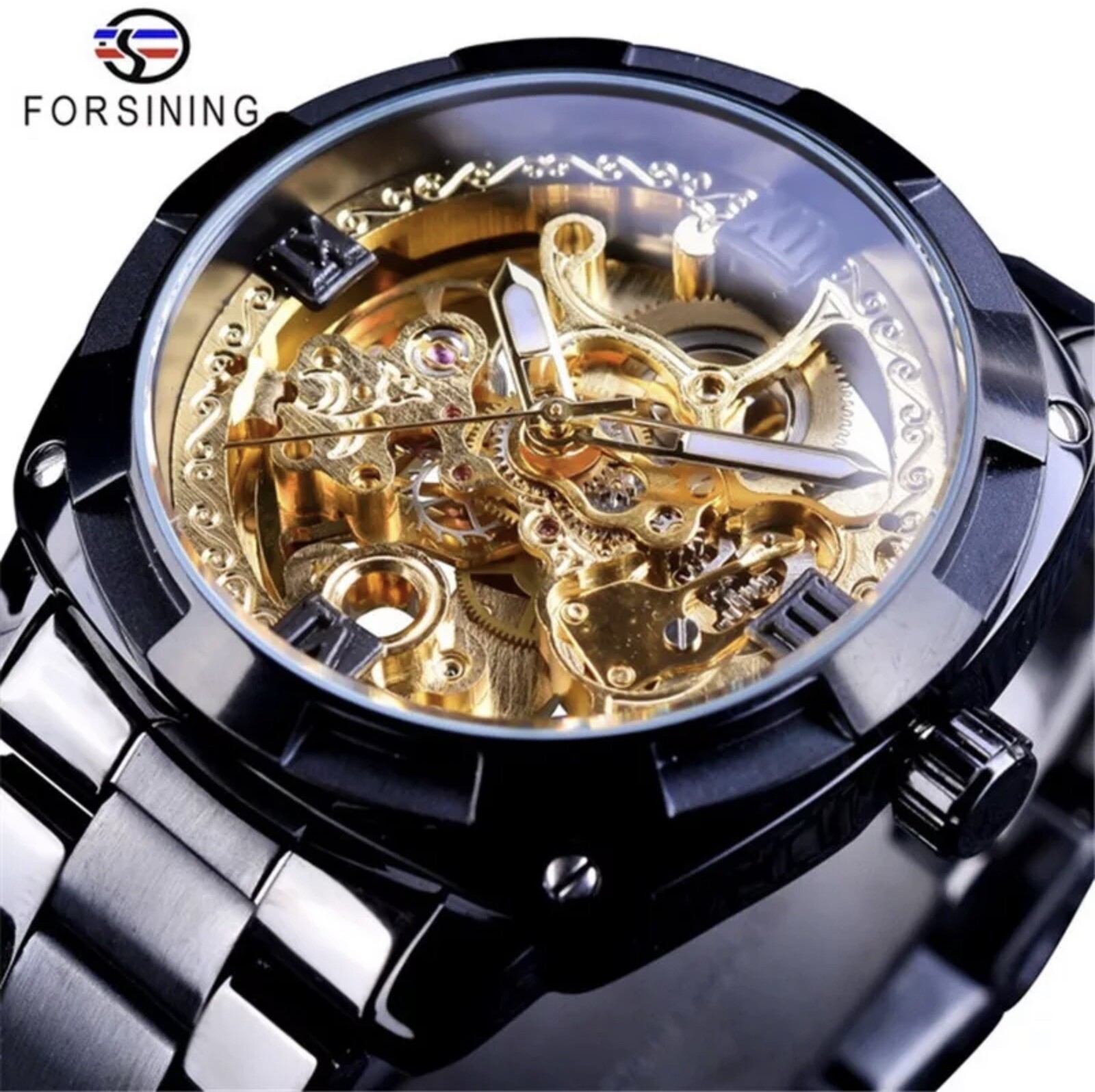 Forsining Mens Skeleton Mechanical Waterproof Luxury Watch Gold Gift Idea