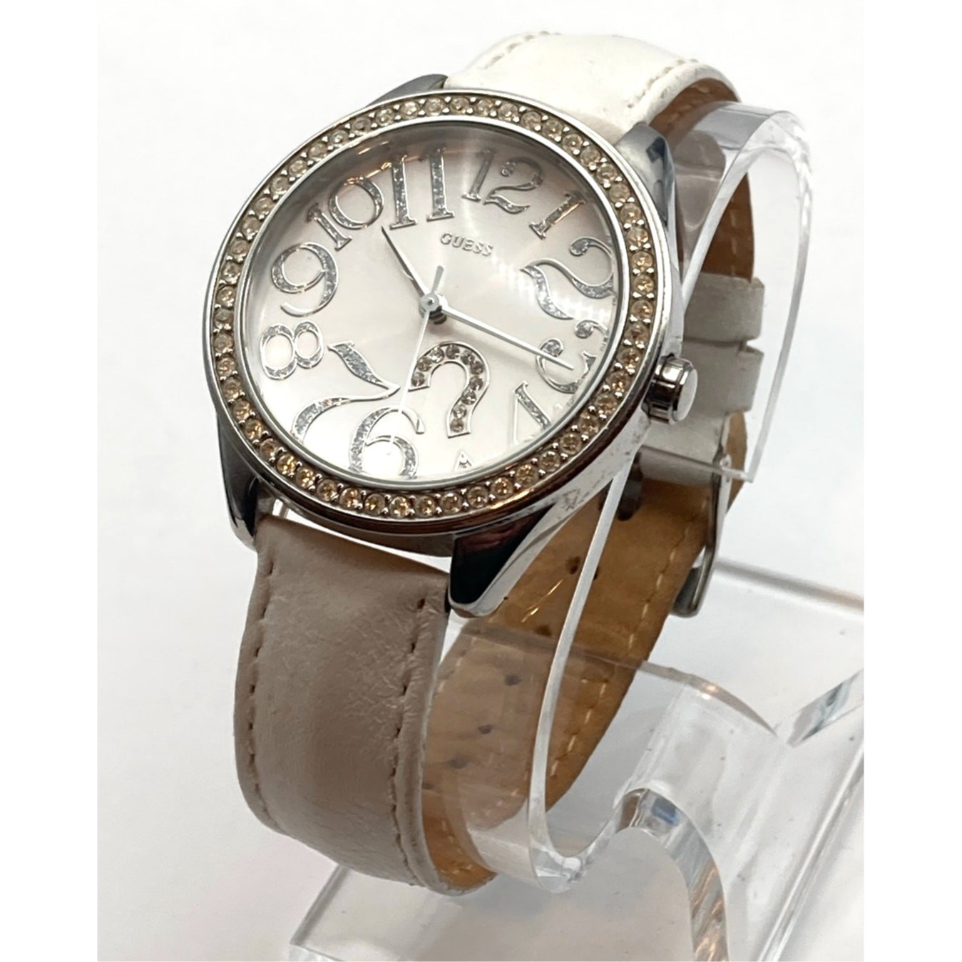 Guess Women’s Watch 37mm White on Silver – New Battery – Leather Band G75960L