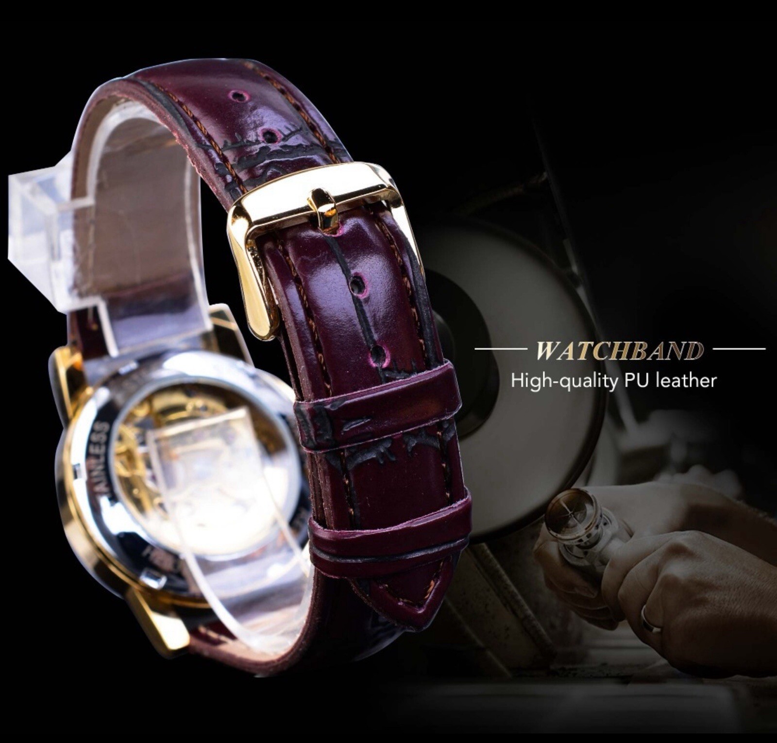 Womens Automatic Transparent Skeleton Luxury Leather Band Ladies Watch Gift Idea