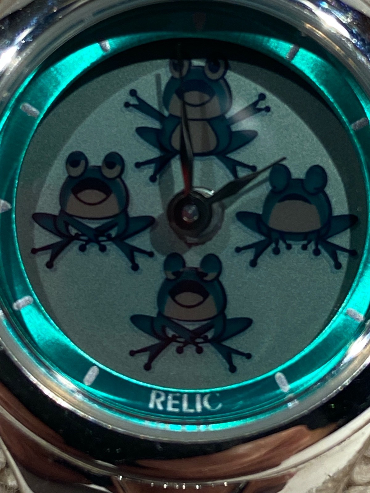 Relic Watch Four Frog Animation Stainless Steel 6 Inch Band Works CUTE !!