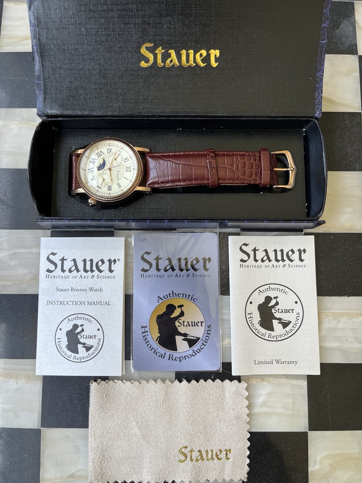Stauer Moon Phase Quartz Day Date Watch Brown Leather Strap Rose Gold – 20390