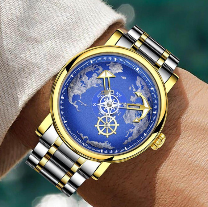 GLENAW Men’s Automatic Mechanical Watch Navigator Series Earth Dial Luminous