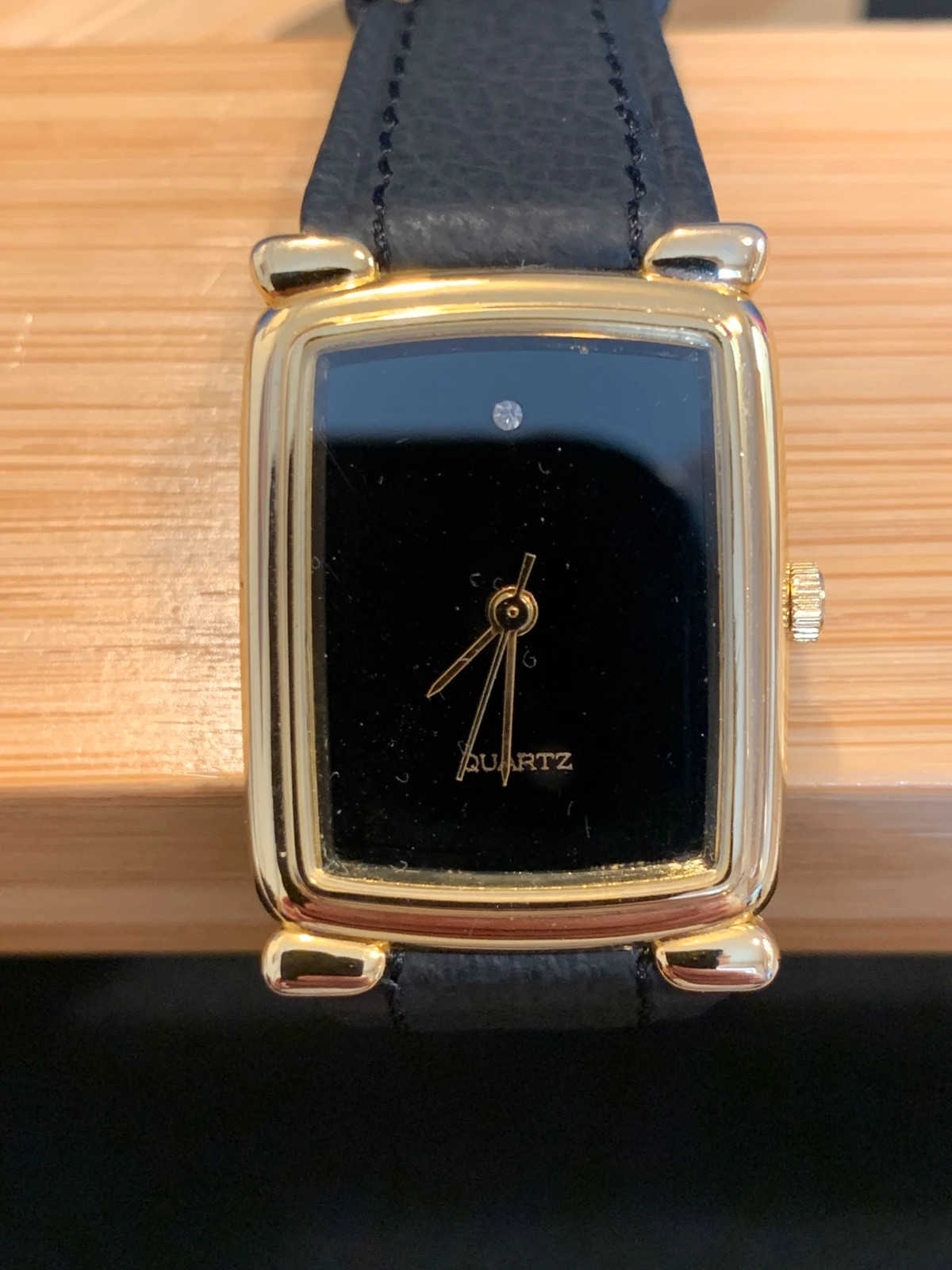 Tank Style Rectangular Ladies Watch Black Dial Gold Tone New Leather Strap