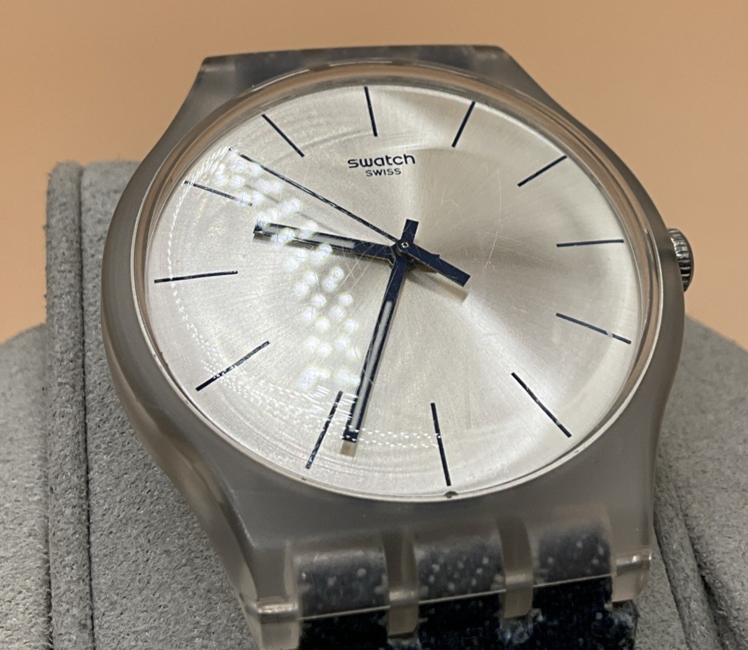 Swatch AG-2012 Clear Case Silver Dial with Denim/Leather Band – New Battery
