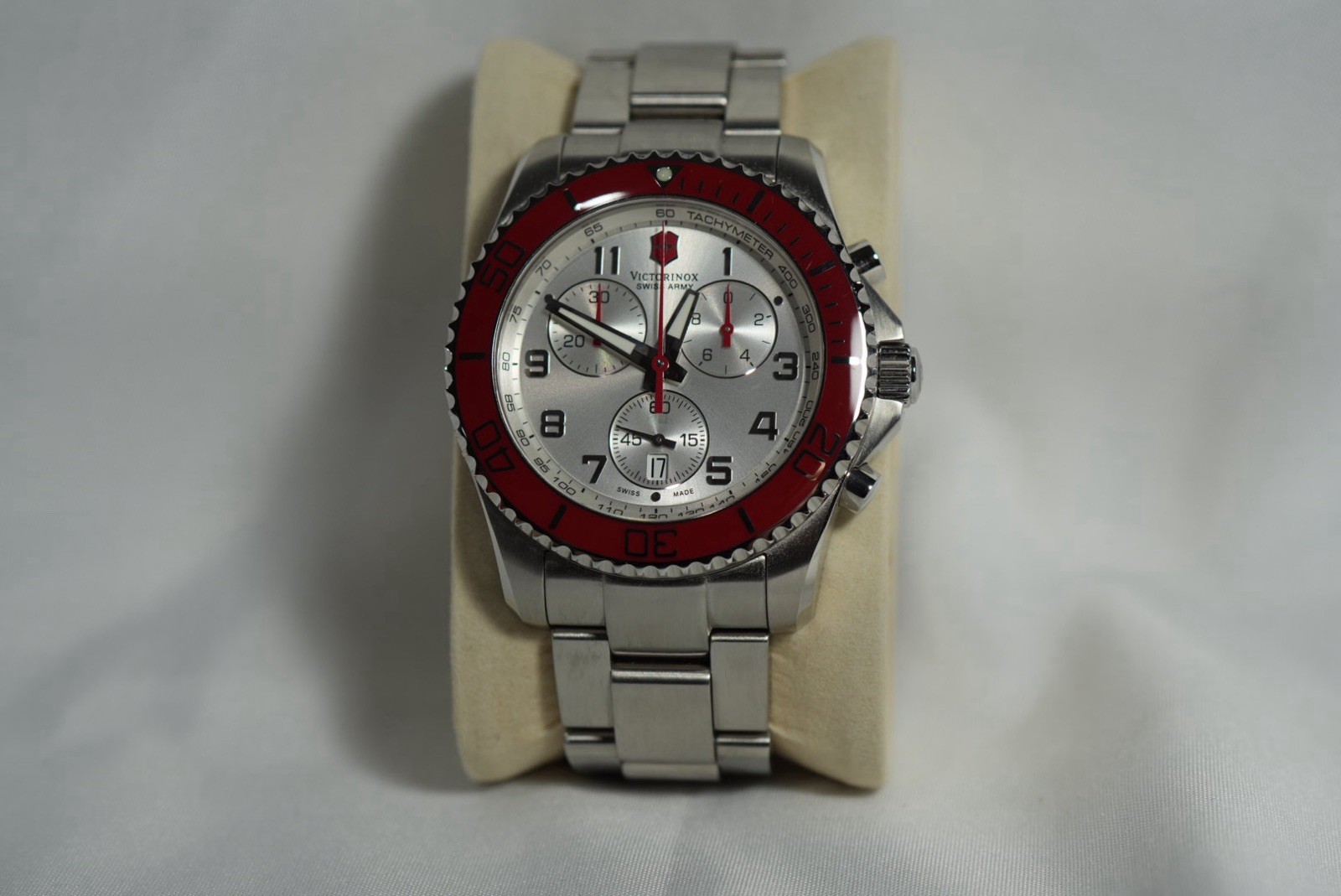 Victorinox Swiss Army Quartz Chronograph 44mm Silver Dial Red Bezel SS 100m