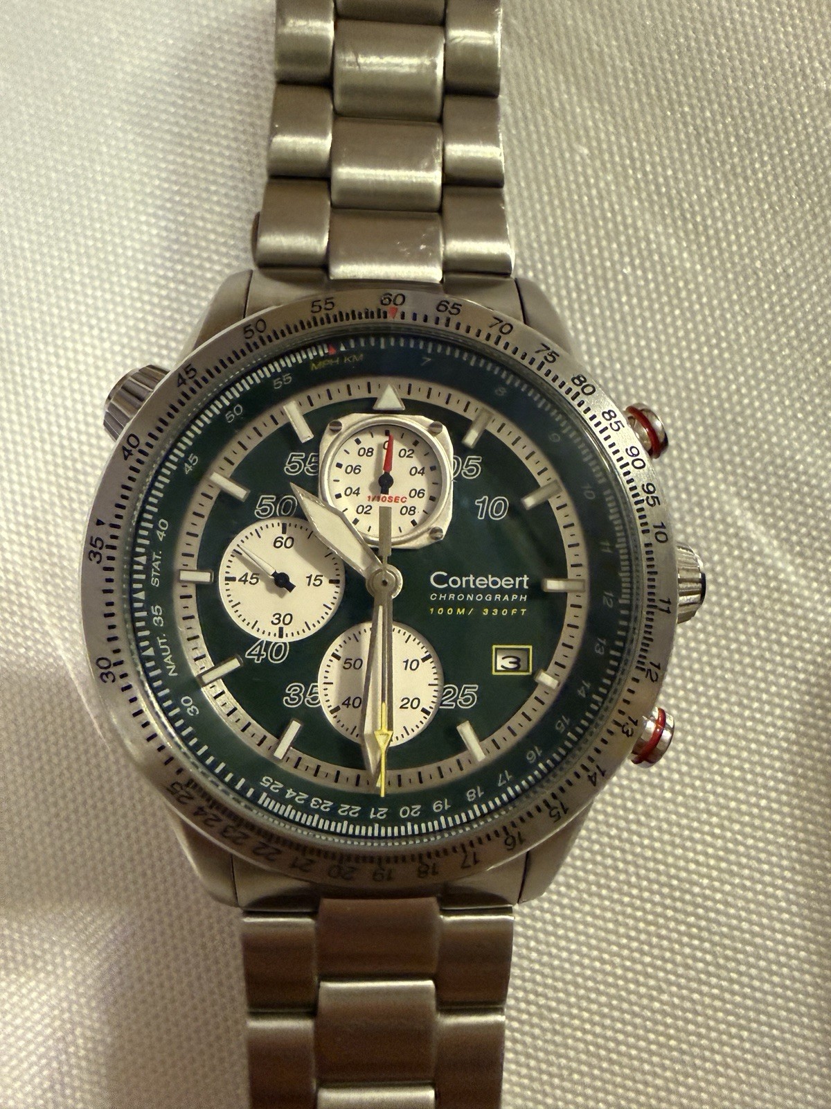 Cortébert Chronograph Quartz Green Dial Date Slide Rule 100m 44mm SS Bracelet