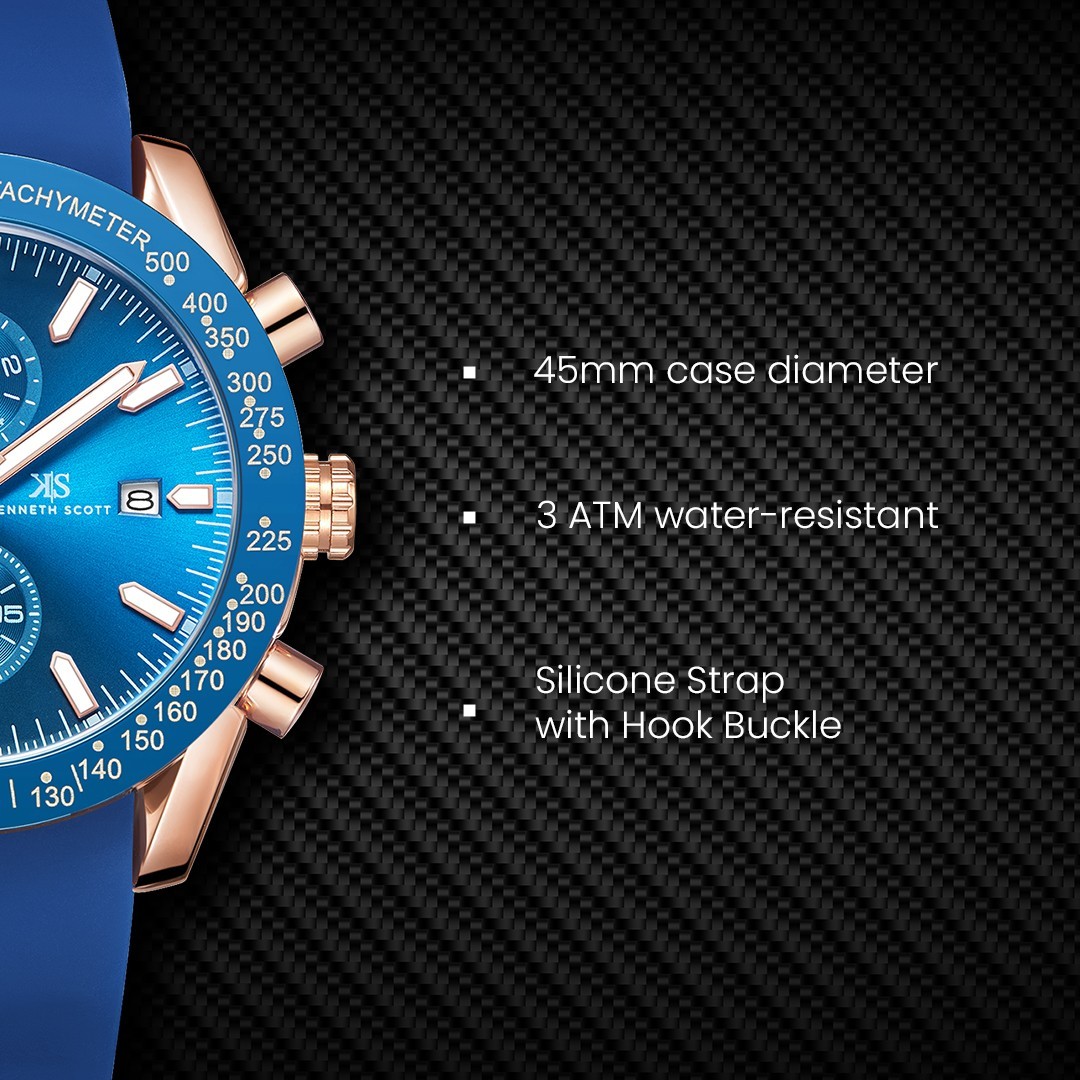 Kenneth Scott Men’s Chrono & Multi Function Watch | Dark Blue Dial, Rose Gold