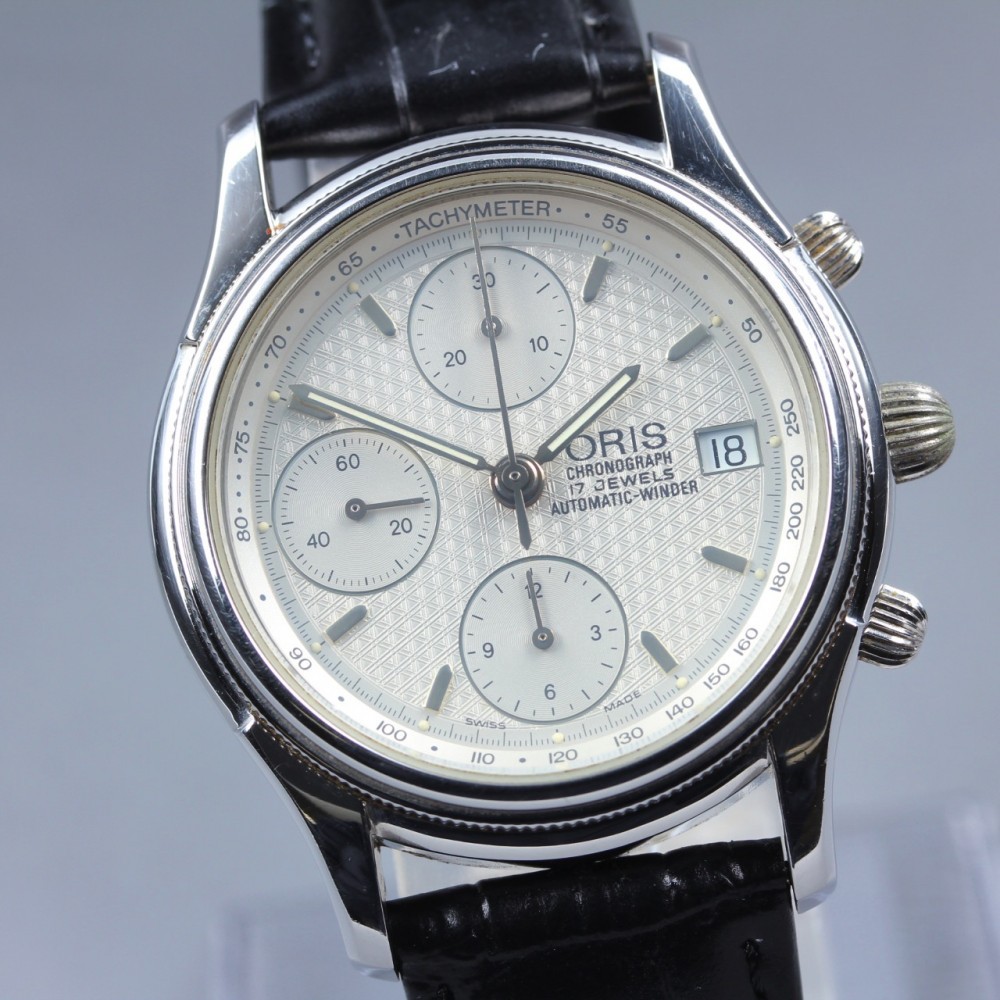 Near MINT ORIS Chronograph 7415 Date Silver Dial Auto 38mm Men’s Watch