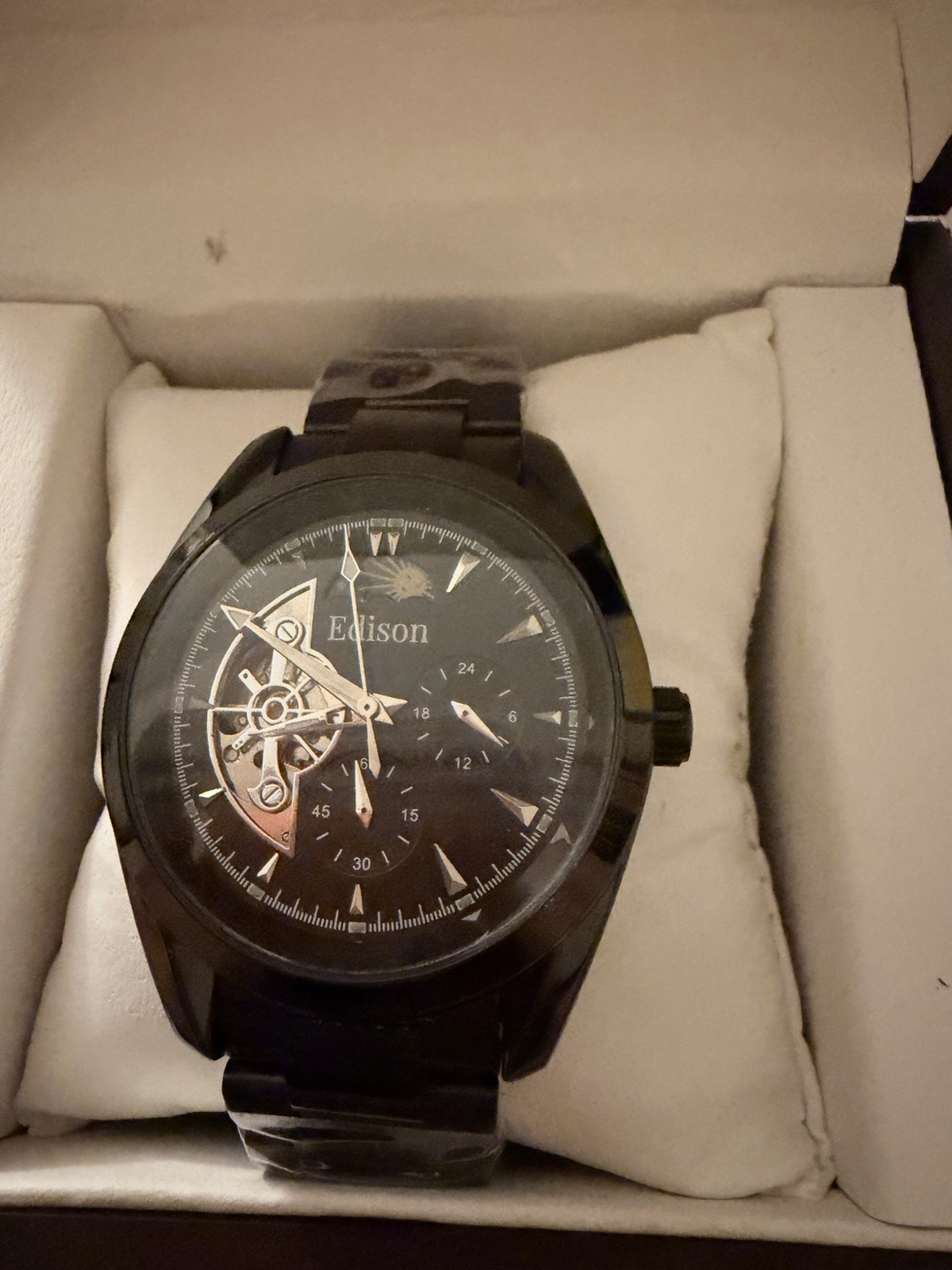 Edison Automatic Skeleton Mechanical Black Stainless Bracelet 40-43mm