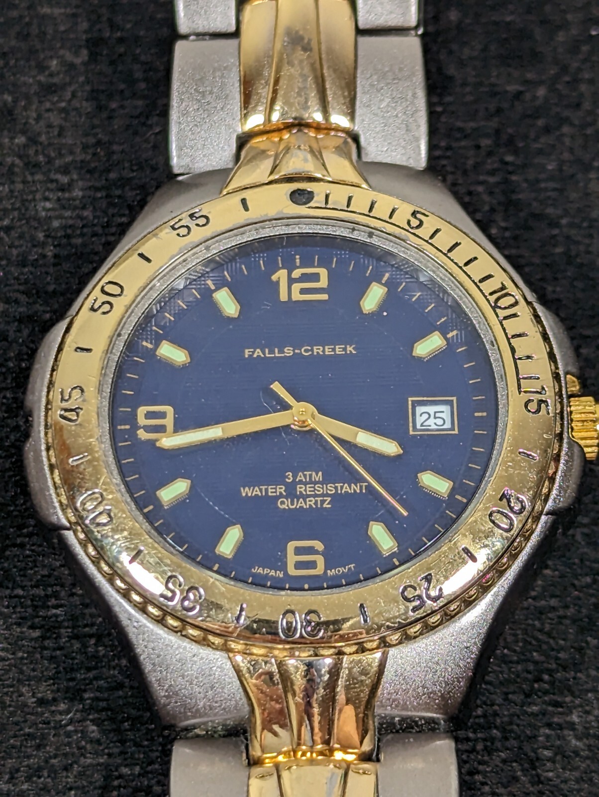 Falls-Creek Mens Blue Dial Date Indicator Two Tone Stainless St Band Watch 7.5in