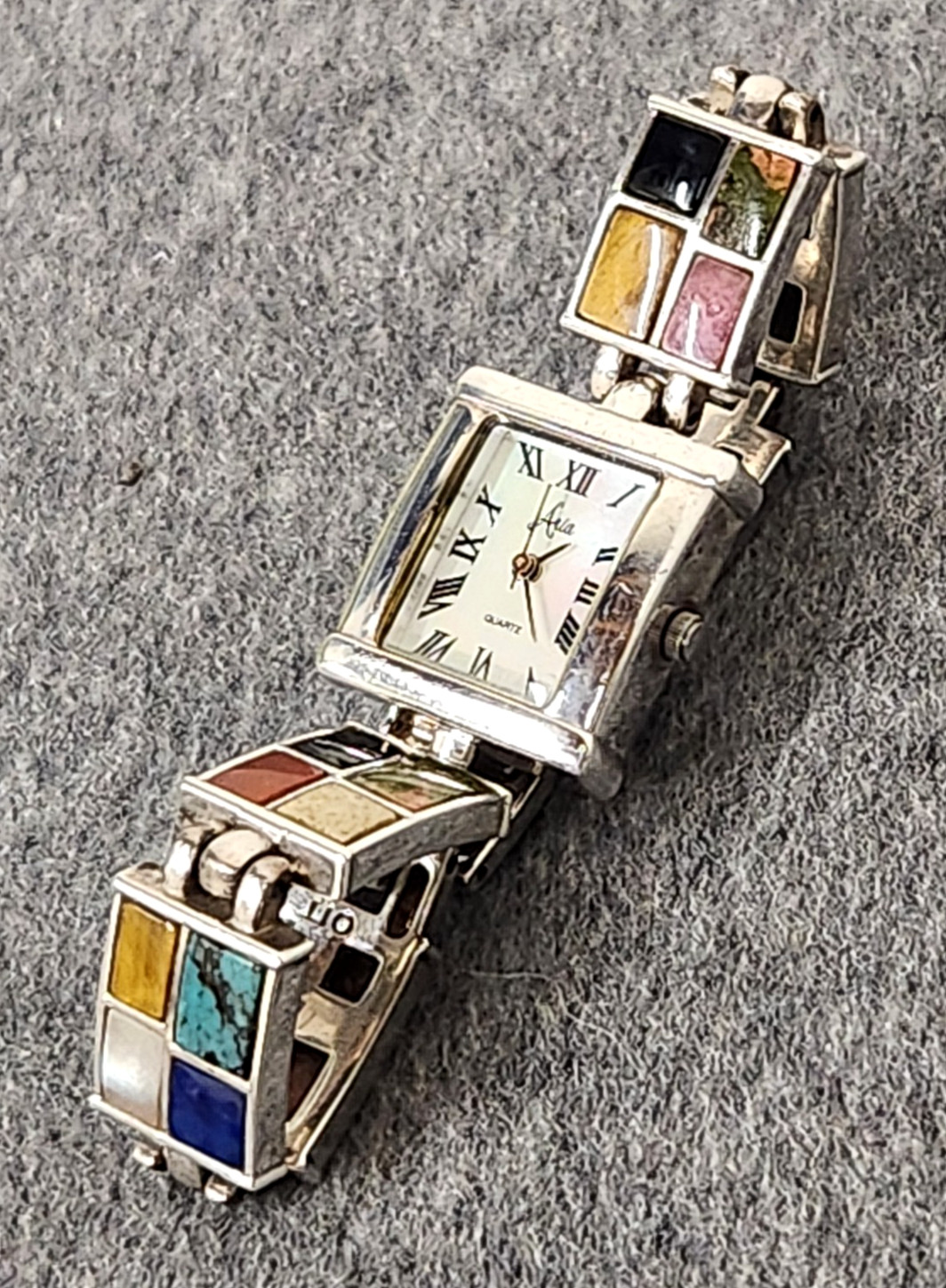 Aria Signed Sterling Silver Multi-Stone Women’s MOP Watch Bracelet Needs Battery