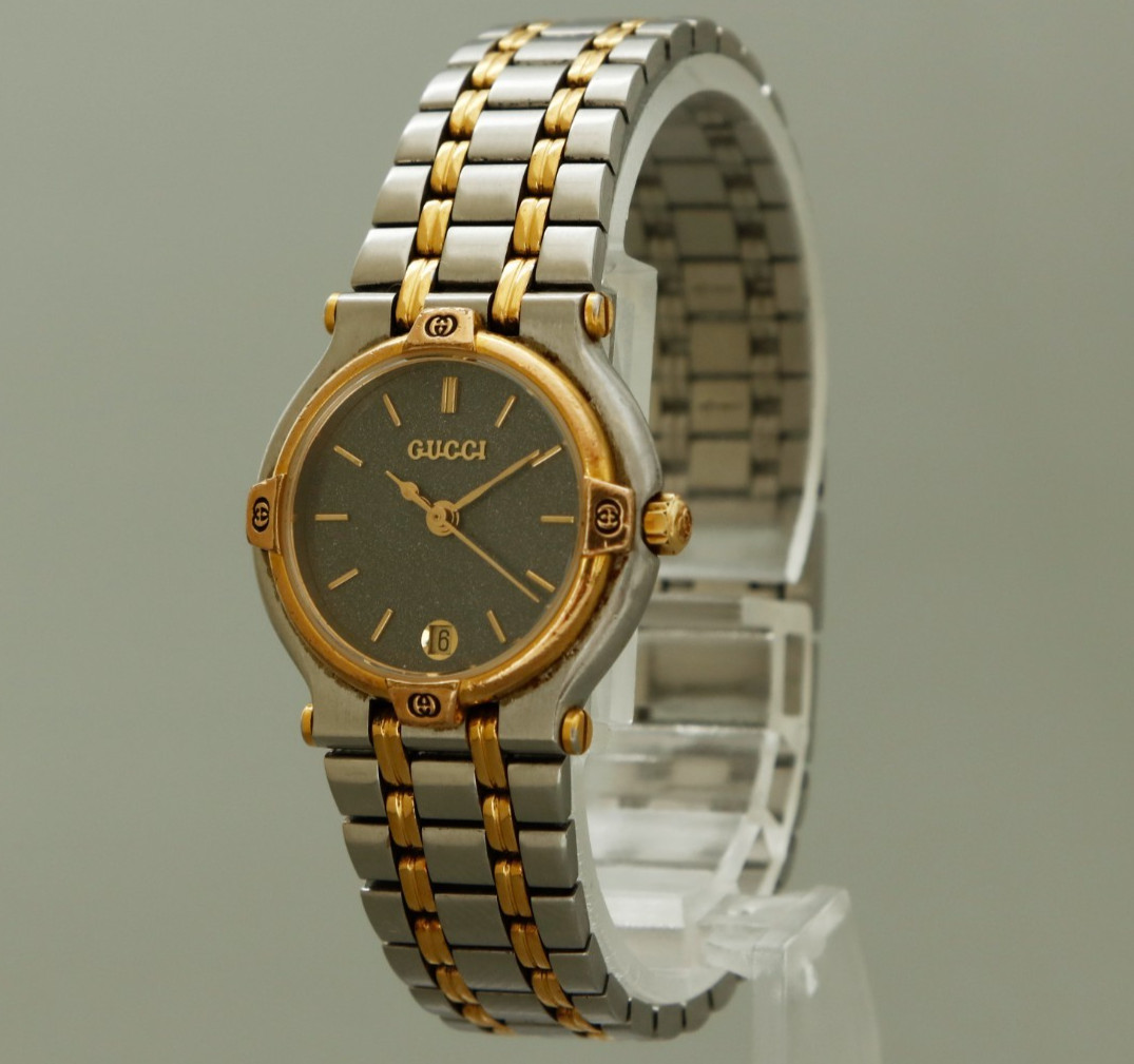 Vintage GUCCI 9000L 25mm Black Gold Two Torn Dial Date Quartz Women’s Watch