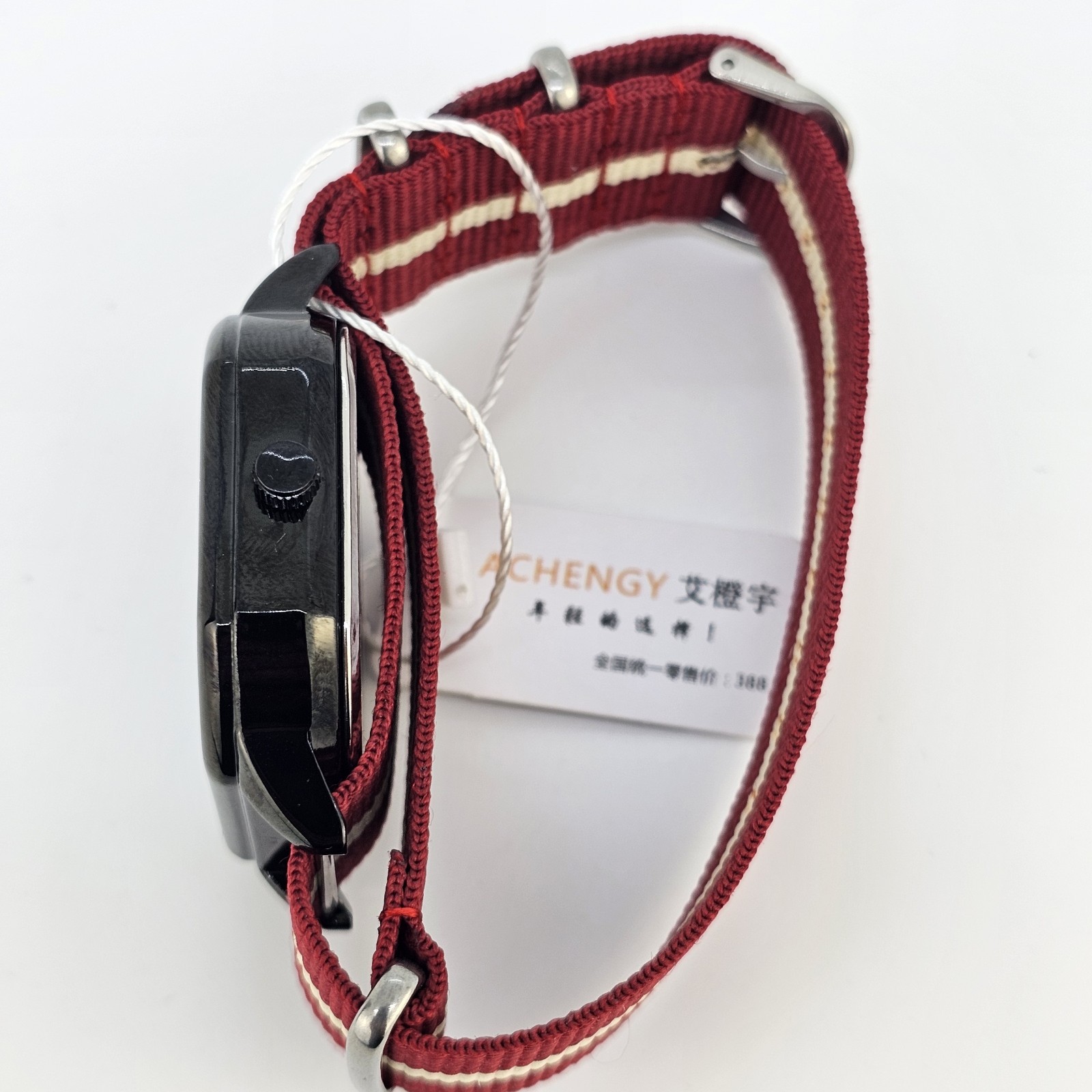 42MM Watch Men Black Dial Date Indicator Red Cream Canvas Band New Battery