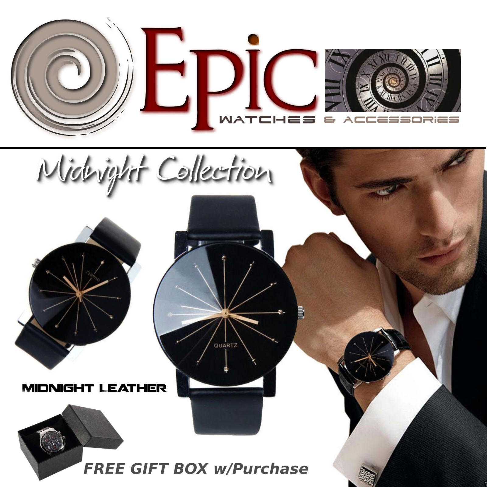 EPIC TIME- Midnight Leather Black Dress Watch-Men