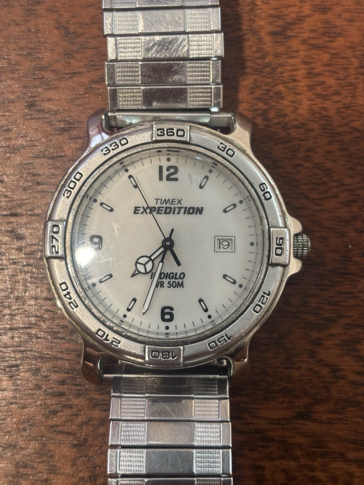 Timex Expedition Quartz 38mm White Dial Steel Bracelet INDIGLO Date 50m