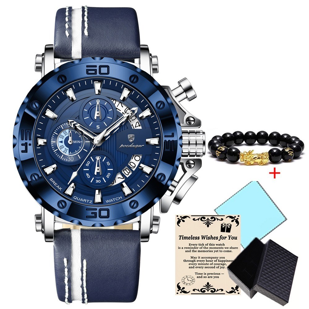 POEDAGAR Man Waterproof Luminous Date Leather Quartz Functional Sports Watch